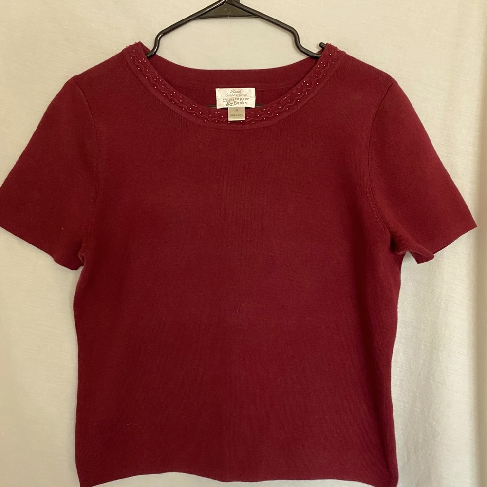 Christopher & Banks T Style Sweater Hand Embroidered Beaded Neckline Size Medium